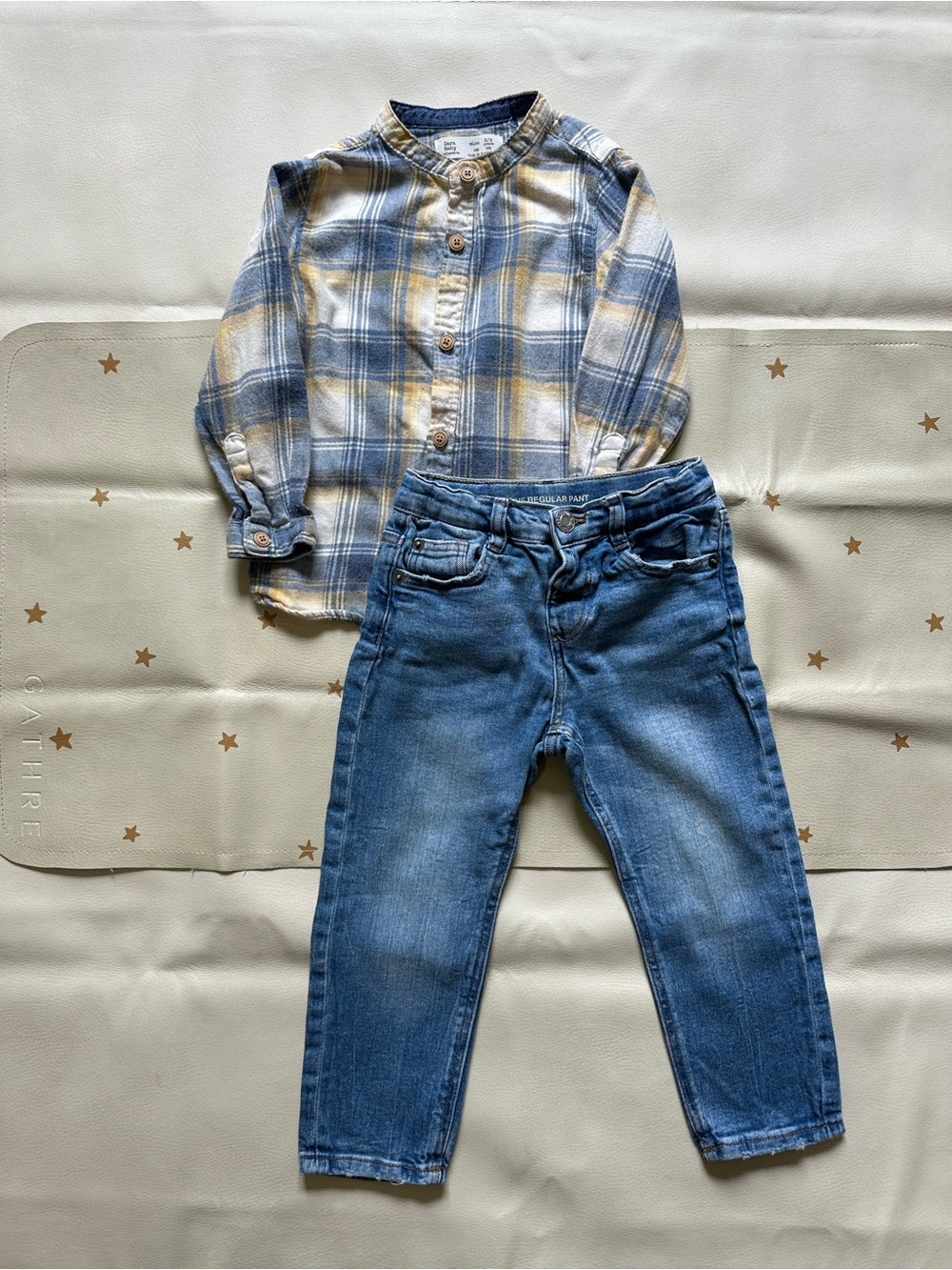 2/3 Blue Denim Jeans with Cotton Plaid Shirt - Blue/Yellow